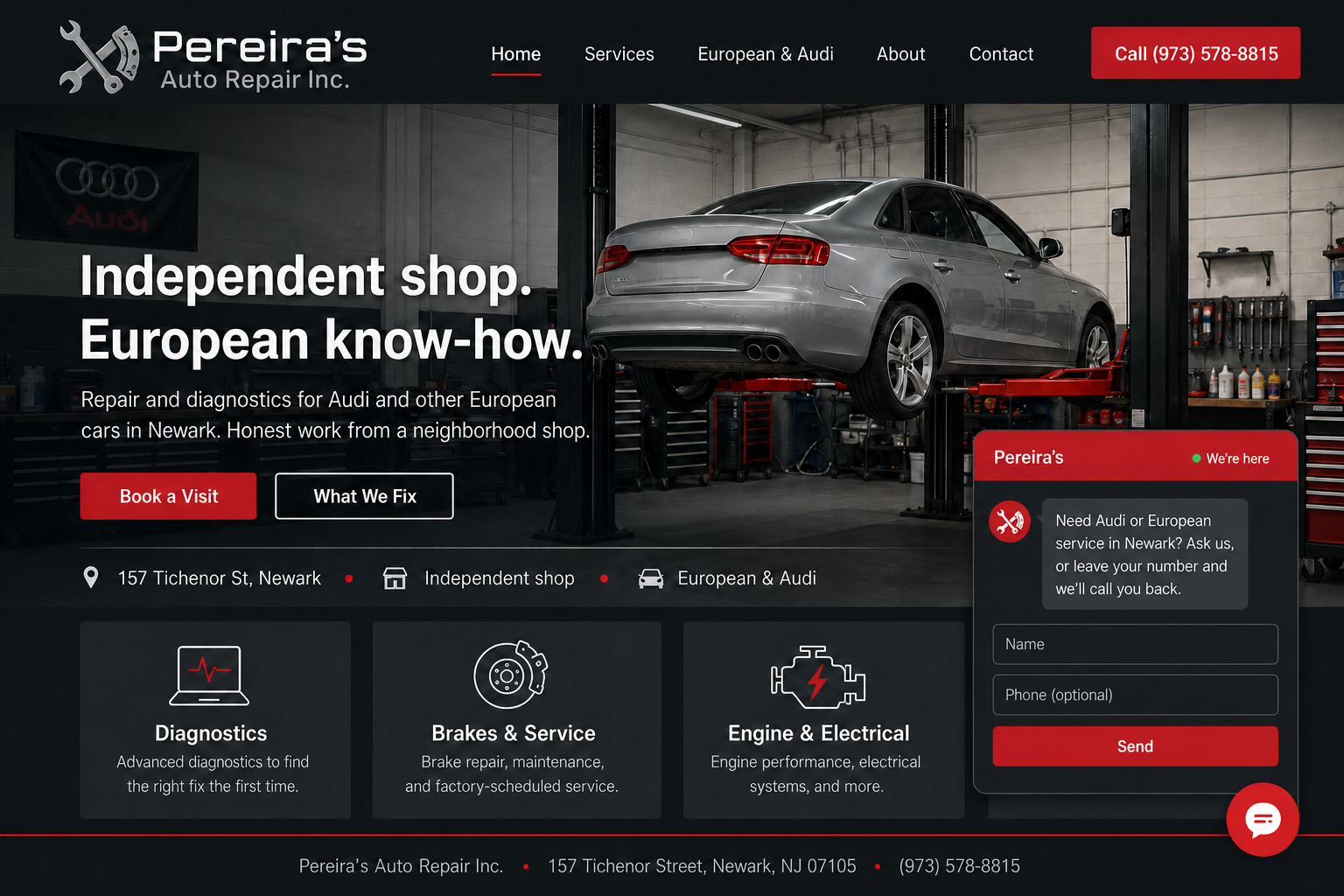 Homepage mock for a Newark auto shop